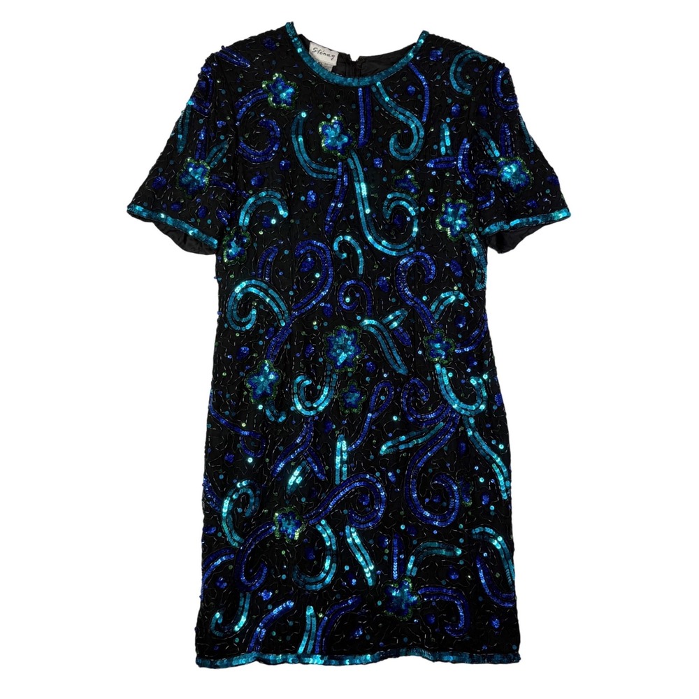 Stenay Womens XL Black Blue Beaded Sequin Silk Shift Dress‎ Vtg Cocktail Glam